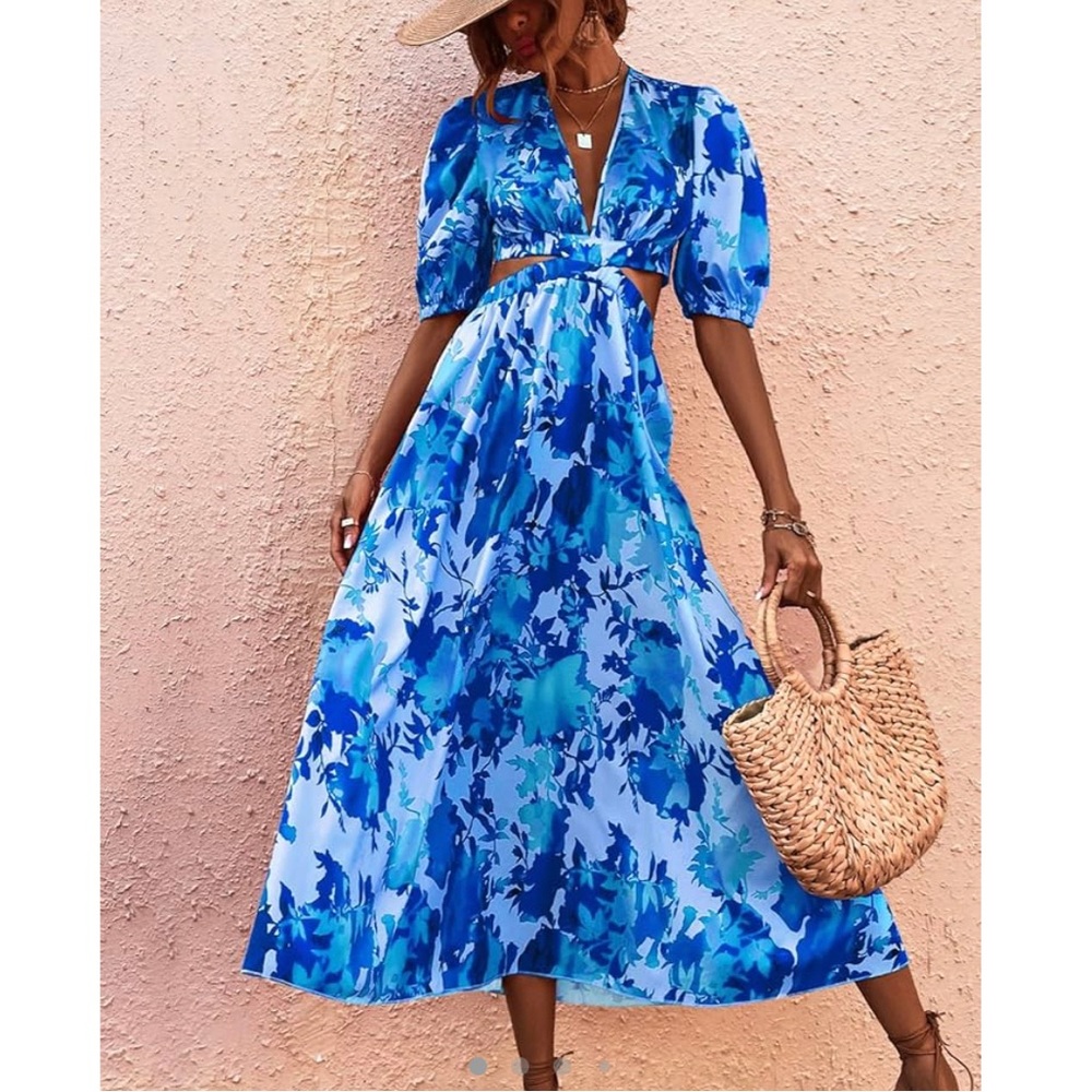 Blue & Purple Floral Cut Out dress with Puff Sleeves